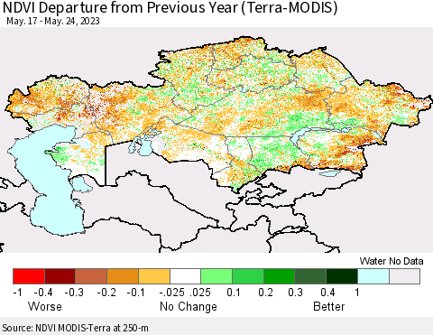 Kazakhstan NDVI Departure from Previous Year (Terra-MODIS) Thematic Map For 5/17/2023 - 5/24/2023