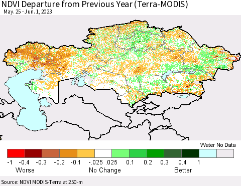 Kazakhstan NDVI Departure from Previous Year (Terra-MODIS) Thematic Map For 5/25/2023 - 6/1/2023