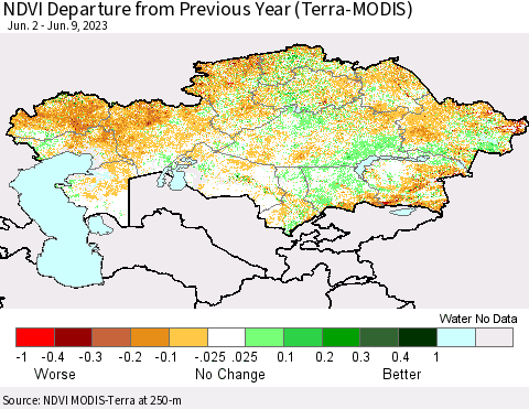 Kazakhstan NDVI Departure from Previous Year (Terra-MODIS) Thematic Map For 6/2/2023 - 6/9/2023