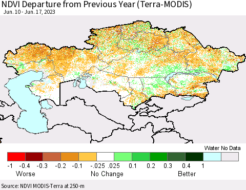 Kazakhstan NDVI Departure from Previous Year (Terra-MODIS) Thematic Map For 6/10/2023 - 6/17/2023