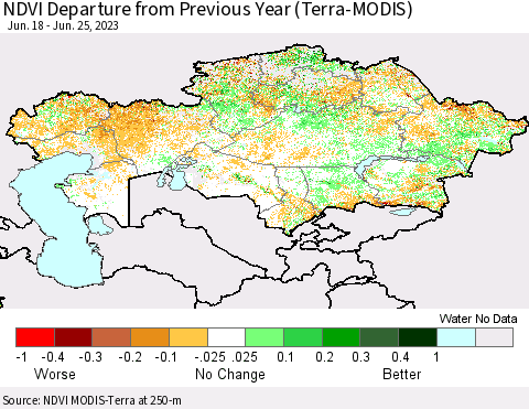 Kazakhstan NDVI Departure from Previous Year (Terra-MODIS) Thematic Map For 6/18/2023 - 6/25/2023