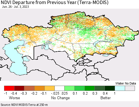 Kazakhstan NDVI Departure from Previous Year (Terra-MODIS) Thematic Map For 6/26/2023 - 7/3/2023