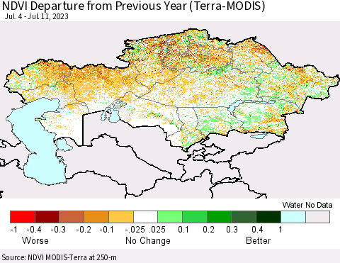 Kazakhstan NDVI Departure from Previous Year (Terra-MODIS) Thematic Map For 7/4/2023 - 7/11/2023