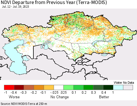 Kazakhstan NDVI Departure from Previous Year (Terra-MODIS) Thematic Map For 7/12/2023 - 7/19/2023