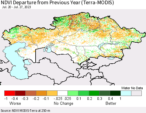 Kazakhstan NDVI Departure from Previous Year (Terra-MODIS) Thematic Map For 7/20/2023 - 7/27/2023