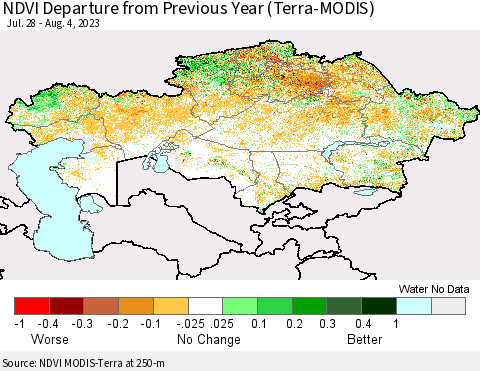 Kazakhstan NDVI Departure from Previous Year (Terra-MODIS) Thematic Map For 7/28/2023 - 8/4/2023