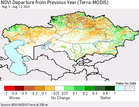 Kazakhstan NDVI Departure from Previous Year (Terra-MODIS) Thematic Map For 8/5/2023 - 8/12/2023