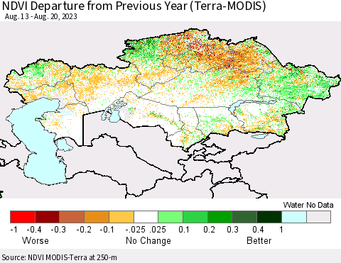 Kazakhstan NDVI Departure from Previous Year (Terra-MODIS) Thematic Map For 8/13/2023 - 8/20/2023