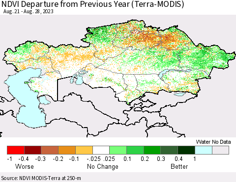 Kazakhstan NDVI Departure from Previous Year (Terra-MODIS) Thematic Map For 8/21/2023 - 8/28/2023