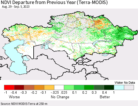 Kazakhstan NDVI Departure from Previous Year (Terra-MODIS) Thematic Map For 8/29/2023 - 9/5/2023