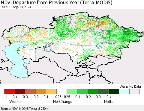 Kazakhstan NDVI Departure from Previous Year (Terra-MODIS) Thematic Map For 9/6/2023 - 9/13/2023