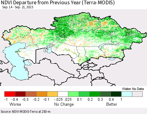 Kazakhstan NDVI Departure from Previous Year (Terra-MODIS) Thematic Map For 9/14/2023 - 9/21/2023