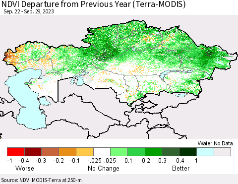 Kazakhstan NDVI Departure from Previous Year (Terra-MODIS) Thematic Map For 9/22/2023 - 9/29/2023