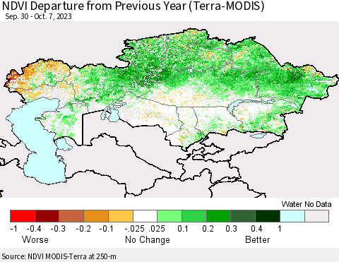 Kazakhstan NDVI Departure from Previous Year (Terra-MODIS) Thematic Map For 9/30/2023 - 10/7/2023