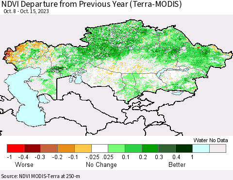 Kazakhstan NDVI Departure from Previous Year (Terra-MODIS) Thematic Map For 10/8/2023 - 10/15/2023