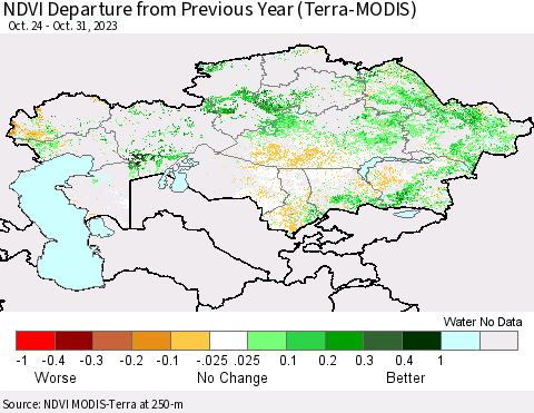 Kazakhstan NDVI Departure from Previous Year (Terra-MODIS) Thematic Map For 10/24/2023 - 10/31/2023