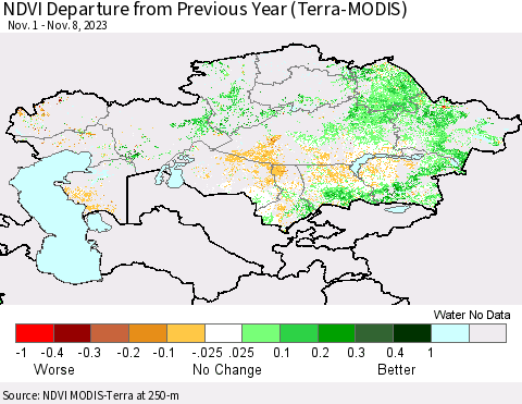 Kazakhstan NDVI Departure from Previous Year (Terra-MODIS) Thematic Map For 11/1/2023 - 11/8/2023
