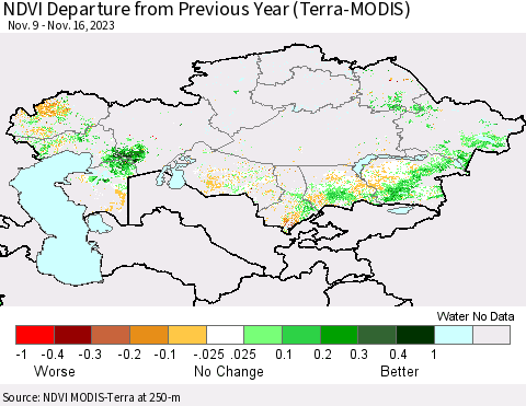 Kazakhstan NDVI Departure from Previous Year (Terra-MODIS) Thematic Map For 11/9/2023 - 11/16/2023