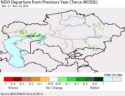 Kazakhstan NDVI Departure from Previous Year (Terra-MODIS) Thematic Map For 11/17/2023 - 11/24/2023