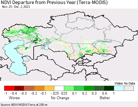 Kazakhstan NDVI Departure from Previous Year (Terra-MODIS) Thematic Map For 11/25/2023 - 12/2/2023