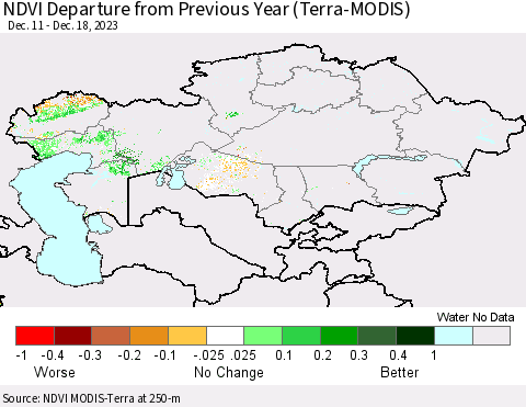 Kazakhstan NDVI Departure from Previous Year (Terra-MODIS) Thematic Map For 12/11/2023 - 12/18/2023