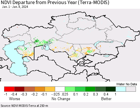 Kazakhstan NDVI Departure from Previous Year (Terra-MODIS) Thematic Map For 1/1/2024 - 1/8/2024