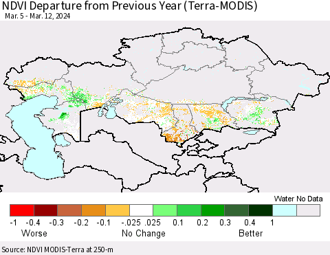 Kazakhstan NDVI Departure from Previous Year (Terra-MODIS) Thematic Map For 3/5/2024 - 3/12/2024