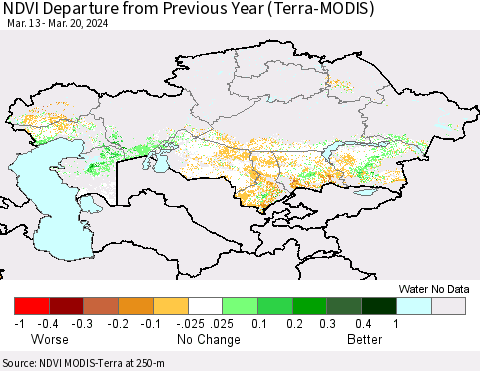 Kazakhstan NDVI Departure from Previous Year (Terra-MODIS) Thematic Map For 3/13/2024 - 3/20/2024