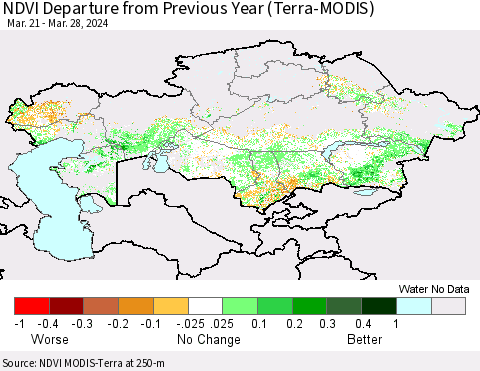 Kazakhstan NDVI Departure from Previous Year (Terra-MODIS) Thematic Map For 3/21/2024 - 3/28/2024