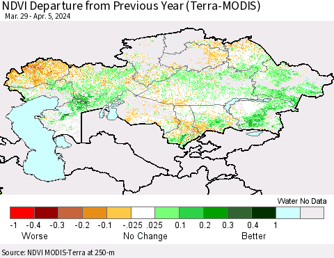 Kazakhstan NDVI Departure from Previous Year (Terra-MODIS) Thematic Map For 3/29/2024 - 4/5/2024