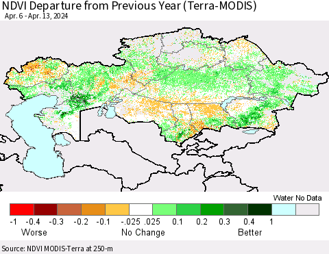 Kazakhstan NDVI Departure from Previous Year (Terra-MODIS) Thematic Map For 4/6/2024 - 4/13/2024