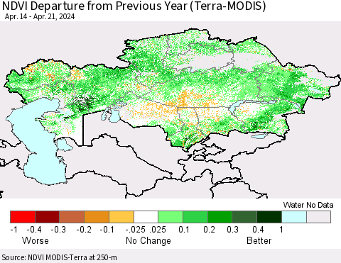 Kazakhstan NDVI Departure from Previous Year (Terra-MODIS) Thematic Map For 4/14/2024 - 4/21/2024