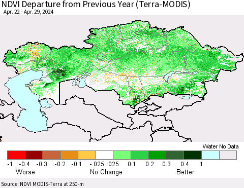 Kazakhstan NDVI Departure from Previous Year (Terra-MODIS) Thematic Map For 4/22/2024 - 4/29/2024
