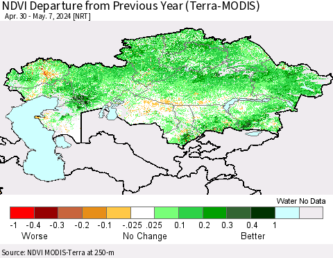 Kazakhstan NDVI Departure from Previous Year (Terra-MODIS) Thematic Map For 4/30/2024 - 5/7/2024