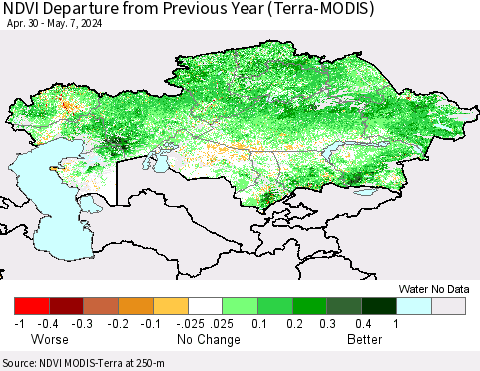 Kazakhstan NDVI Departure from Previous Year (Terra-MODIS) Thematic Map For 4/30/2024 - 5/7/2024