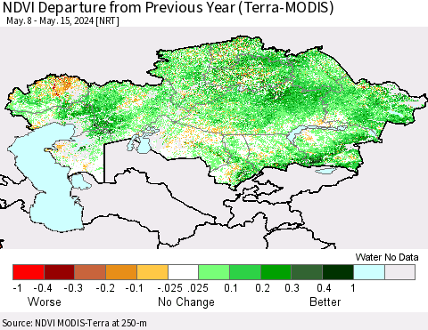 Kazakhstan NDVI Departure from Previous Year (Terra-MODIS) Thematic Map For 5/8/2024 - 5/15/2024