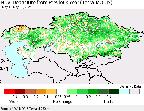 Kazakhstan NDVI Departure from Previous Year (Terra-MODIS) Thematic Map For 5/8/2024 - 5/15/2024