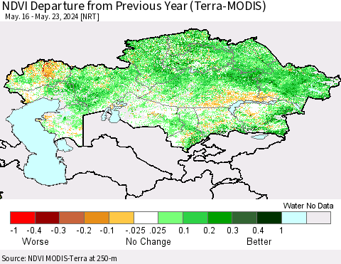 Kazakhstan NDVI Departure from Previous Year (Terra-MODIS) Thematic Map For 5/16/2024 - 5/23/2024