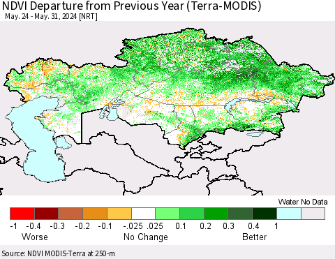 Kazakhstan NDVI Departure from Previous Year (Terra-MODIS) Thematic Map For 5/24/2024 - 5/31/2024
