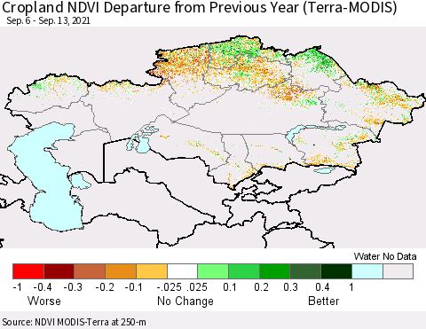 Kazakhstan Cropland NDVI Departure from Previous Year (Terra-MODIS) Thematic Map For 9/6/2021 - 9/13/2021