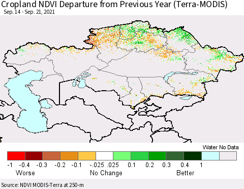 Kazakhstan Cropland NDVI Departure from Previous Year (Terra-MODIS) Thematic Map For 9/14/2021 - 9/21/2021