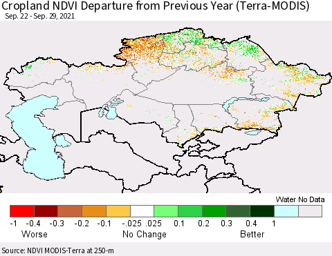 Kazakhstan Cropland NDVI Departure from Previous Year (Terra-MODIS) Thematic Map For 9/22/2021 - 9/29/2021