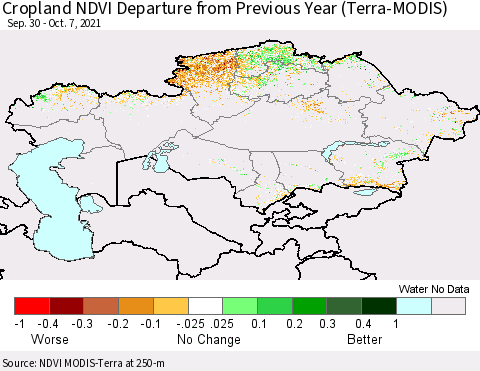 Kazakhstan Cropland NDVI Departure from Previous Year (Terra-MODIS) Thematic Map For 9/30/2021 - 10/7/2021