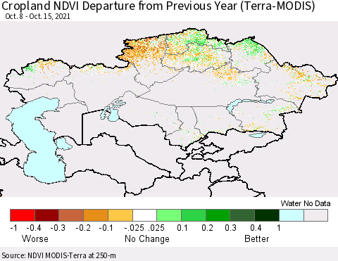 Kazakhstan Cropland NDVI Departure from Previous Year (Terra-MODIS) Thematic Map For 10/8/2021 - 10/15/2021