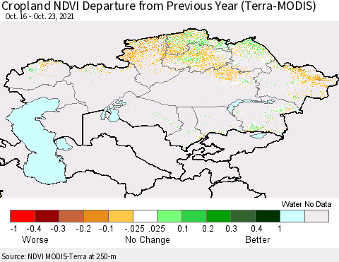 Kazakhstan Cropland NDVI Departure from Previous Year (Terra-MODIS) Thematic Map For 10/16/2021 - 10/23/2021