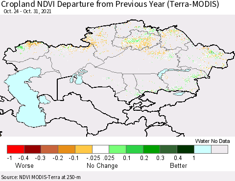 Kazakhstan Cropland NDVI Departure from Previous Year (Terra-MODIS) Thematic Map For 10/24/2021 - 10/31/2021