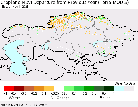 Kazakhstan Cropland NDVI Departure from Previous Year (Terra-MODIS) Thematic Map For 11/1/2021 - 11/8/2021