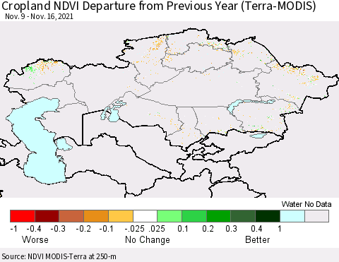 Kazakhstan Cropland NDVI Departure from Previous Year (Terra-MODIS) Thematic Map For 11/9/2021 - 11/16/2021