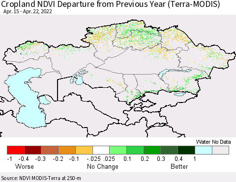 Kazakhstan Cropland NDVI Departure from Previous Year (Terra-MODIS) Thematic Map For 4/15/2022 - 4/22/2022
