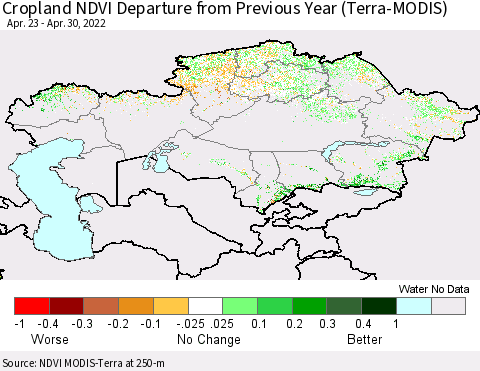 Kazakhstan Cropland NDVI Departure from Previous Year (Terra-MODIS) Thematic Map For 4/23/2022 - 4/30/2022